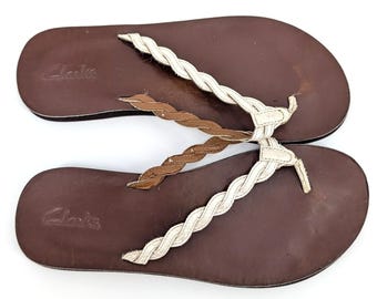 Clarks Braided Thong Sandals Brown Leather Flat Flip Flops Size 9M Vintage 1998