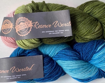 Plymouth Reserve Worsted Yarn | 100g skein | Colors 101-Malibu,102-Vineyard Green, 105-Rose | 90/10% Superwash Merino Wool/Mulberry Silk