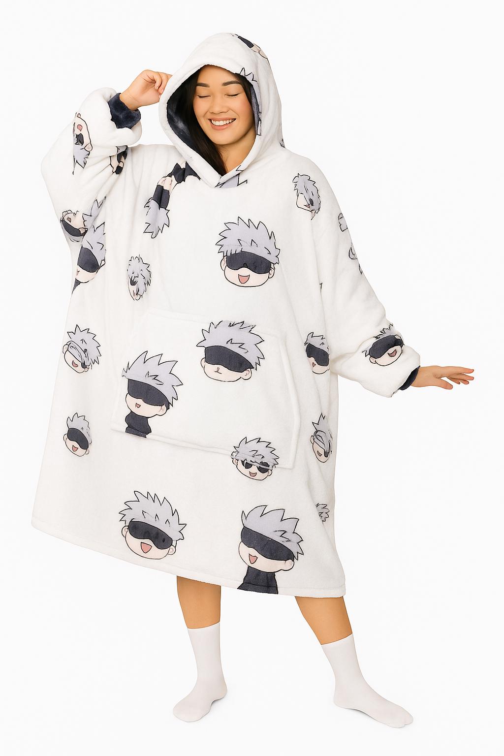Anime Blanket Hoodie in Satoru Gojo  Look – Comfy adult oversized blanket hoodie One Size Fits Most