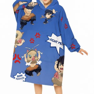 Anime Blanket Hoodie in Inosuke  Look – Comfy adult snug oversized blanket hoodie One Size Fits Most