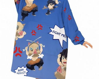 Anime Blanket Hoodie in Inosuke  Look – Comfy adult snug oversized blanket hoodie One Size Fits Most