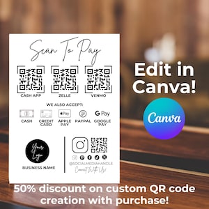 Editable Scan to Pay Canva Template | Custom QR Code Sign for Payments & Social Media | Add Business Name, Logo and 40+ Icons