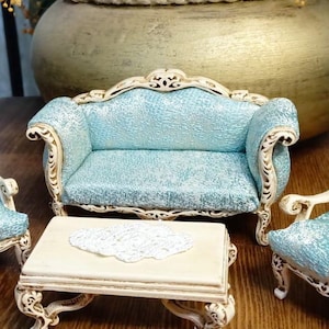 Miniature Sofa, 1:12 Handmade Vintage Couch, Blue Upholstered Miniature Furniture, Dollhouse Sofa, Decorative Miniature Couch for Collectors