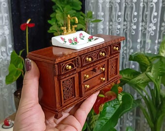 Handmade Wooden Dollhouse Sink Cabinet: Carved Vintage Miniature