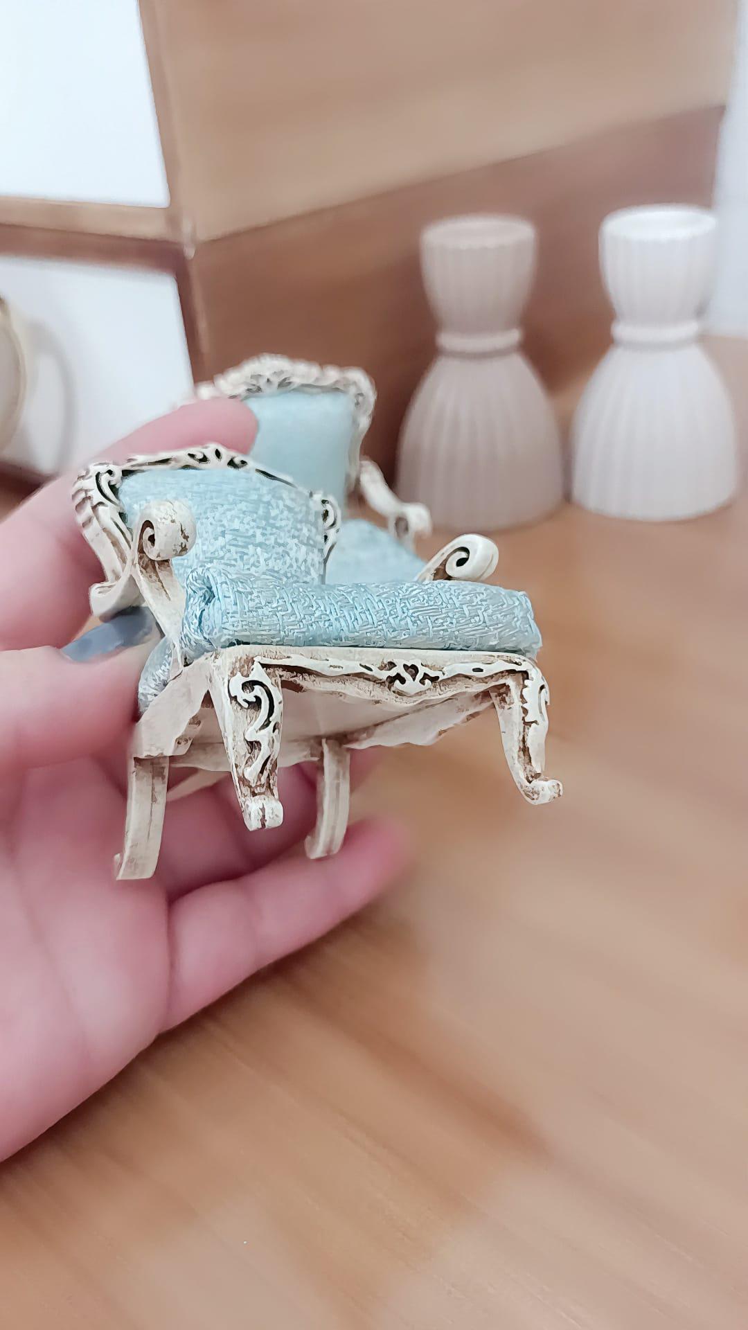 Blue Dollhouse Armchair Vintage Miniature Bergère Set, 1:12