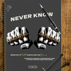 May include: A grey spiral-bound notebook with the words "NEVER KNOW" in white. The cover design features two fists with gold rings spelling "BORN RICH". The text "NEVER HAD TO Hustle ALWAYS LIVED THE Dream" is also present.