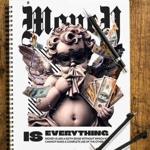 Könnte beinhalten: Spiralgebundenes Notizbuch mit einer stilisierten Illustration eines Cherubs mit Maske, der Geld hält und von Geldscheinen umgeben ist. Der Text "Money is Everything" ist auf dem Notizbuch abgebildet.