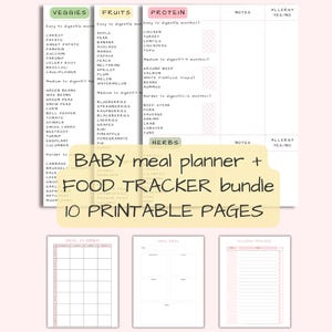 Planificador de alimentación para bebés, lista de verificación imprimible para los primeros alimentos, planificador BLW, planificador de comidas para bebés, tabla de introducción de alimentos para bebés de 6 meses en adelante.