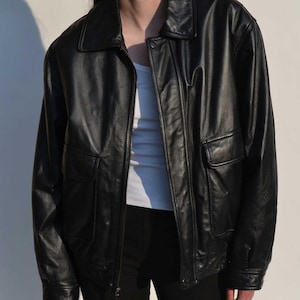 90&#39;s Oversized Retro Black Vintage Real Leather Jacket Women’s Jacket Streetwear Loose Fit Female Viral Leather Jacket, Jacket For Her