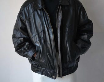 90s Vintage Oversized Sheepskin Leather Jacket Black Retro Bomber Real Leather Handmade Mens Aviator Winter Coat