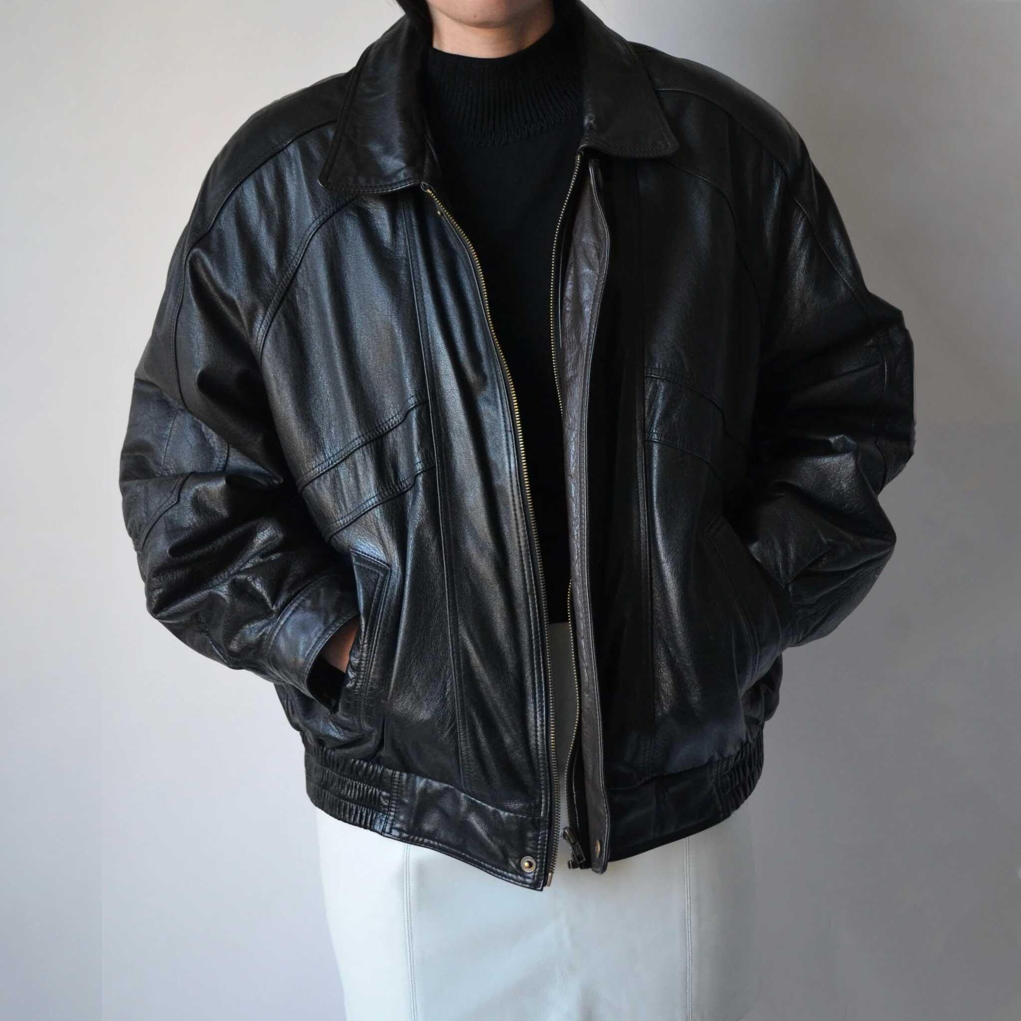 【美品が安い！】 90s Leather jacket (black) 90s Vintage Oversized Sheepskin Leather Jacket: Retro Black