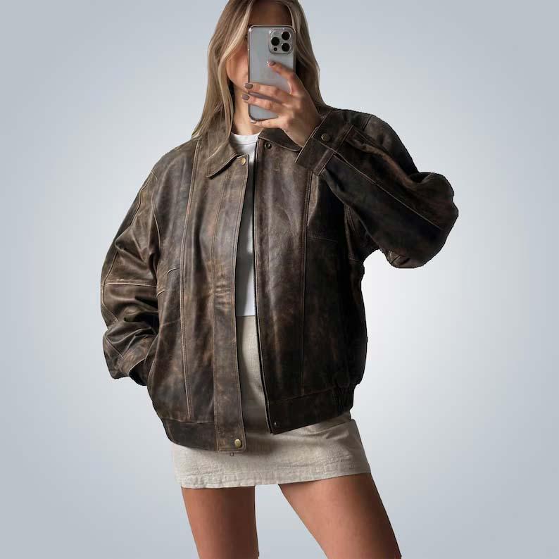 1980s Oversized Distressed Brown Leather Jacket: Women's