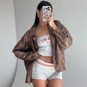 Veste en cuir vintage surdimensionnée rétro marron chocolat surdimensionné des années 1980, veste en cuir Streetwear ample pour femmes, cadeau pour elle