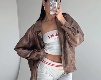 1980s Oversized Chocolate Brown Leather Jacket: Women&#39;s Retro Streetwear