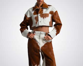 Cow Print Leather Outfit | Cropped Jacket & Pants, Western Set