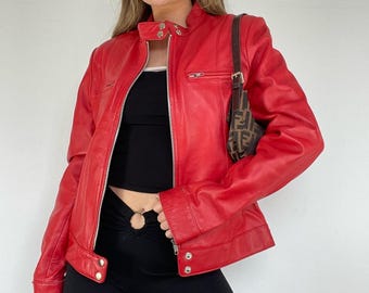 Oversized Vintage Red Sheepskin Leather Bomber Jacket | 90s Handmade Coat