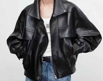 Jaqueta Bomber Feminina Oversized em Couro Preto | Estilo Cargo em Pele de Carneiro Genuína | Casaco Longo Vintage Streetwear Feito à Mão