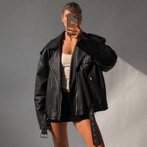 Veste noire classique pour femme, veste motard streetwear en cuir, veste en cuir de mouton pour femme, grande taille, cadeau pour elle, vestes en cuir surdimensionnées