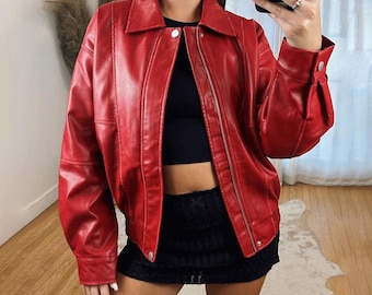 Oversized Red Leather Bomber Jacket Vintage Style Real Leather Handmade Women Winter Coat Retro Aviator Streetwear Biker Jacket Gift For Her