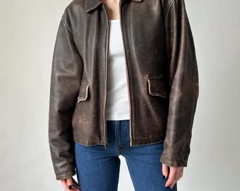 1980s Oversized Distressed Brown Leather Jacket Womens Retro Streetwear Real Leather Handmade Vintage Style Bomber Coat