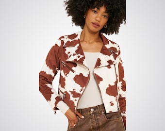 Chaqueta de cuero estilo motero con estampado de vaca para mujer – Abrigo estilo vaquera western