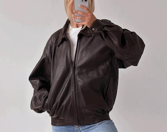 Vintage 90s Brown Leather Bomber Jacket, Vintage Real