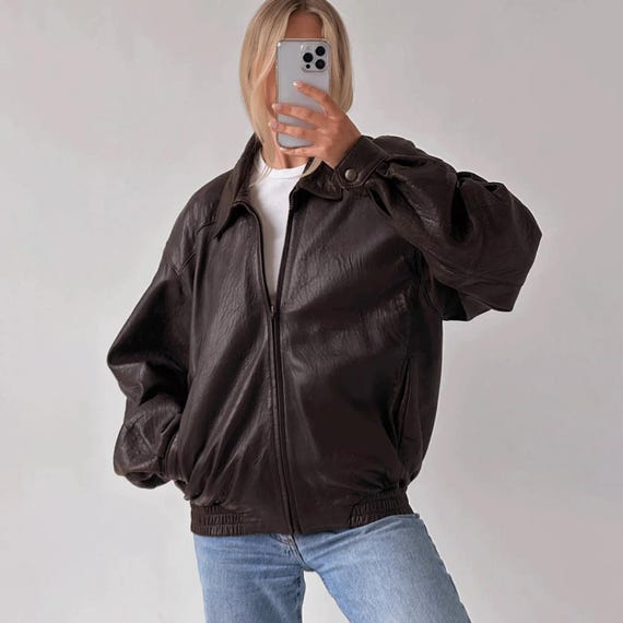 Women Brown Vintage Genuine Leather Bomber Jacket, High