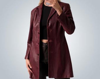 Vintage bordeauxrode leren trenchcoat jaren 90 klassieke kastanjebruine lange jas echt leer handgemaakte retro dames winterjas