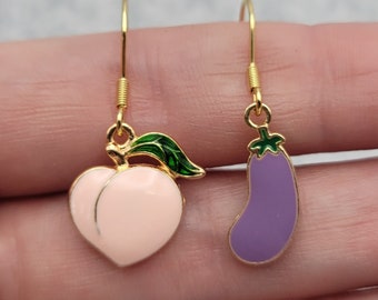 Emoji Earrings, Eggplant and Peach, Adult Humor, Bachelorette Party Gift Funny