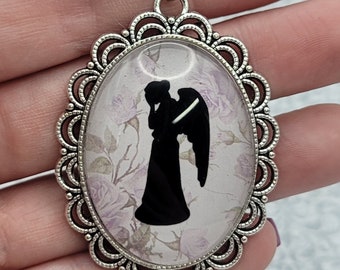 Doctor Who Necklace Large Pendant  Weeping Angels Lavender Floral Weeping Angel