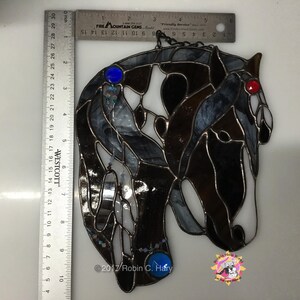 Spirit Horse suncatcher- Brown- shown with rulers for size reference.