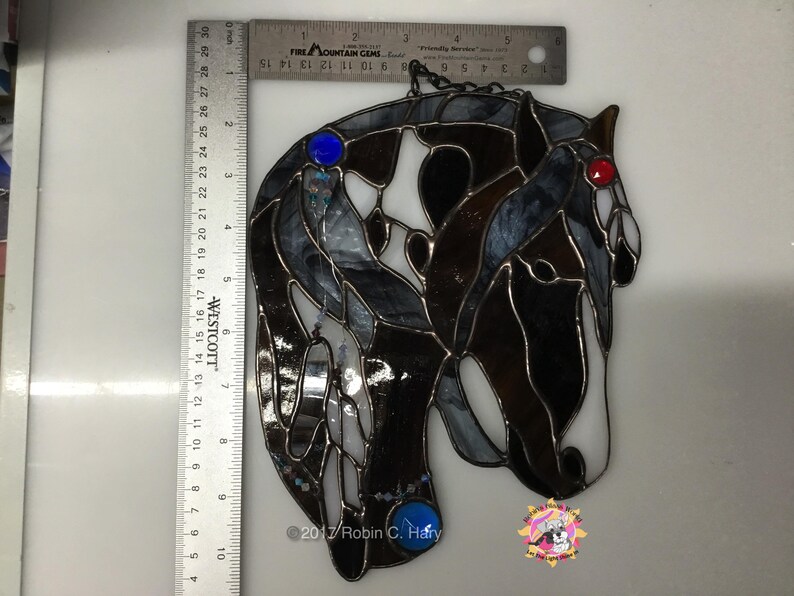 Spirit Horse suncatcher- Brown- shown with rulers for size reference.