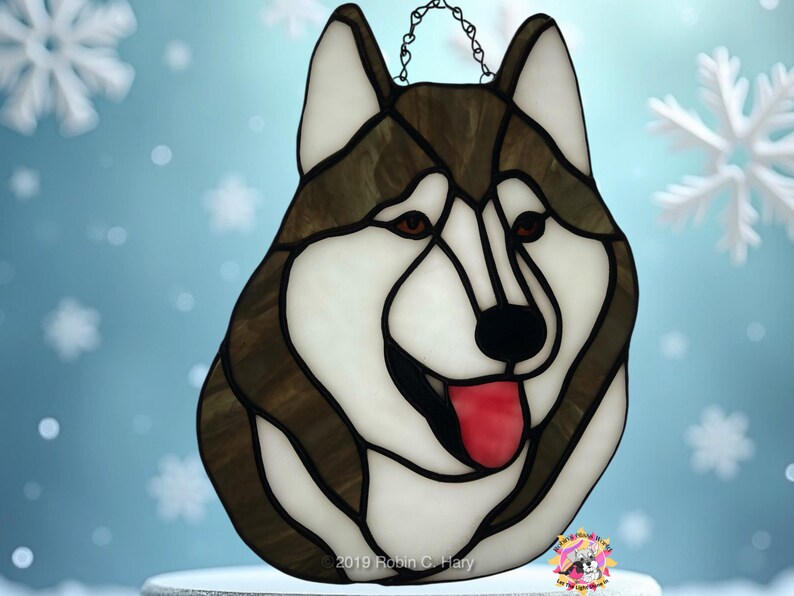 Siberian Husky Suncatcher- Charcoal/White with brown eyes and white face- Special order. Please message me before placing your order.