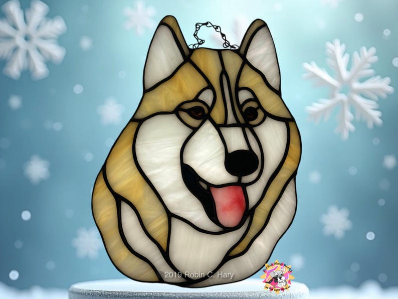 Siberian Husky Suncatcher- Cream and white with brown eyes.