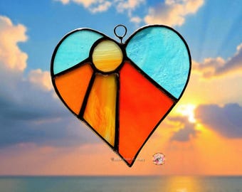 Heart Sunset Stained Glass Ornament: Pink Purple Suncatcher, Nature Love Gift