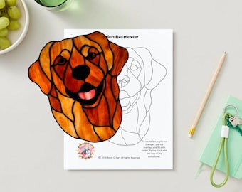 Wzór witrażu Golden Retriever/PDF/ DIY: Zawieszka na okno z psem
