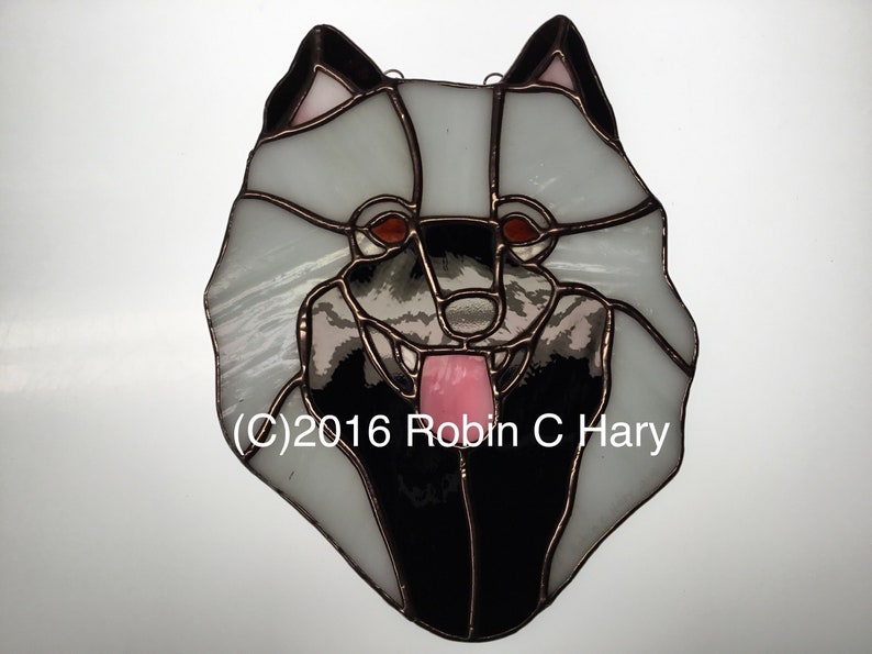 Keeshond Stained Glass Suncatcher Dog Memorial Original and Exclusive Design Handmade Glass Dog