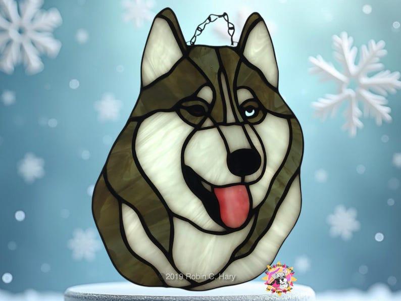 Siberian Husky Suncatcher- Charcoal and White with one brown and one blue eye.