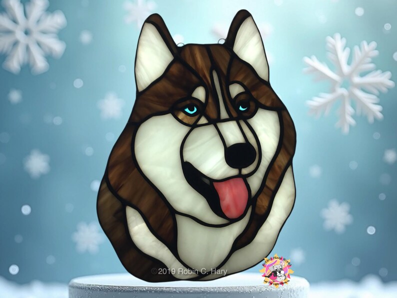 Siberian Husky Suncatcher- Brown and White with blue eyes.