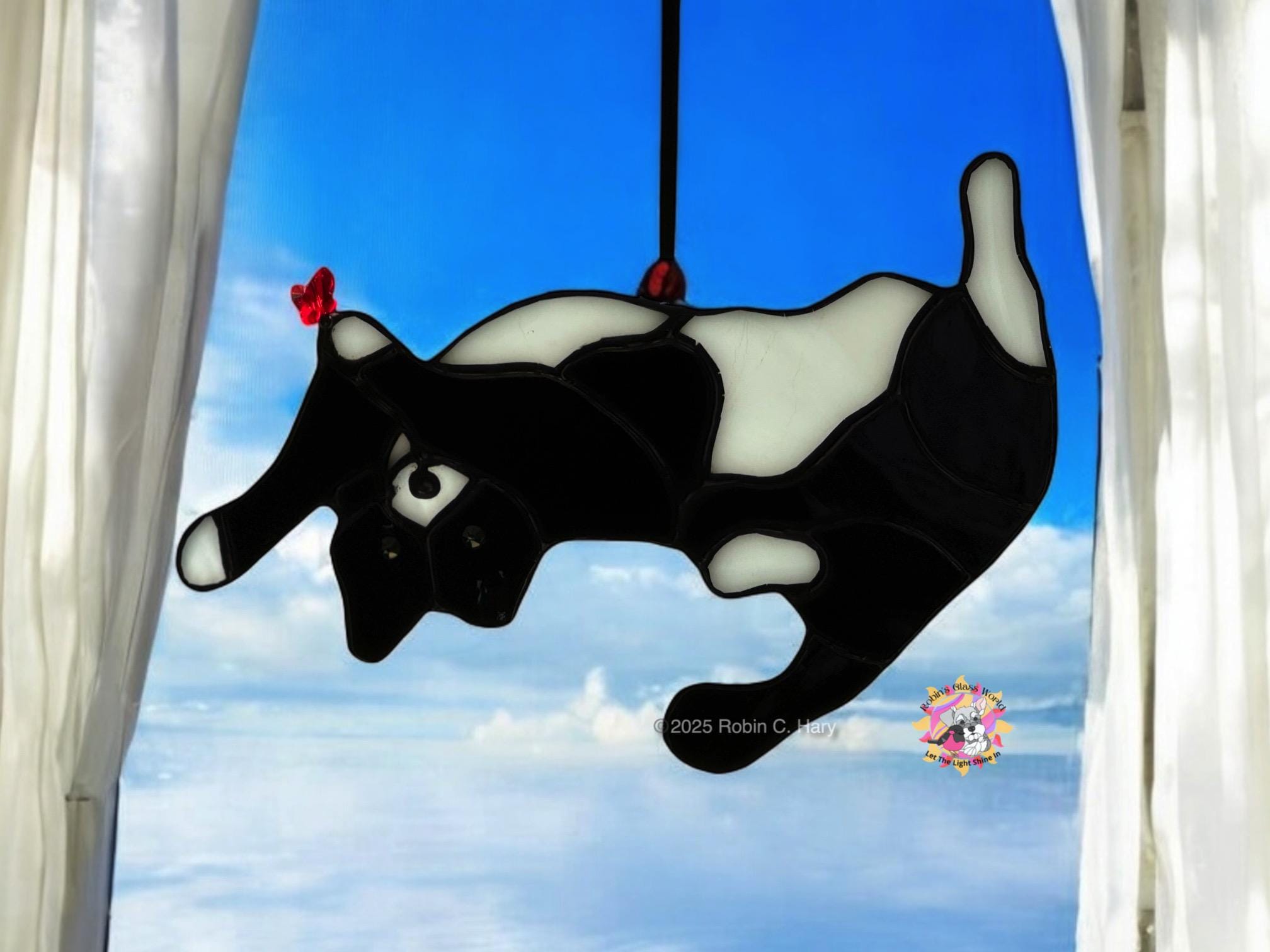 Tuxedo Cat with Crystal Butterfly Handmade Stained Glass Suncatcher
