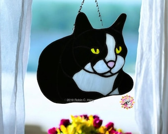 Tuxedo Cat Handmade Stained Glass Suncatcher
