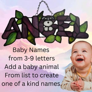 Baby Names from 3-9 letters, add a baby animal from the list to create one of a kind names. Photo shows the name "Angel" with leaves and a puppy.