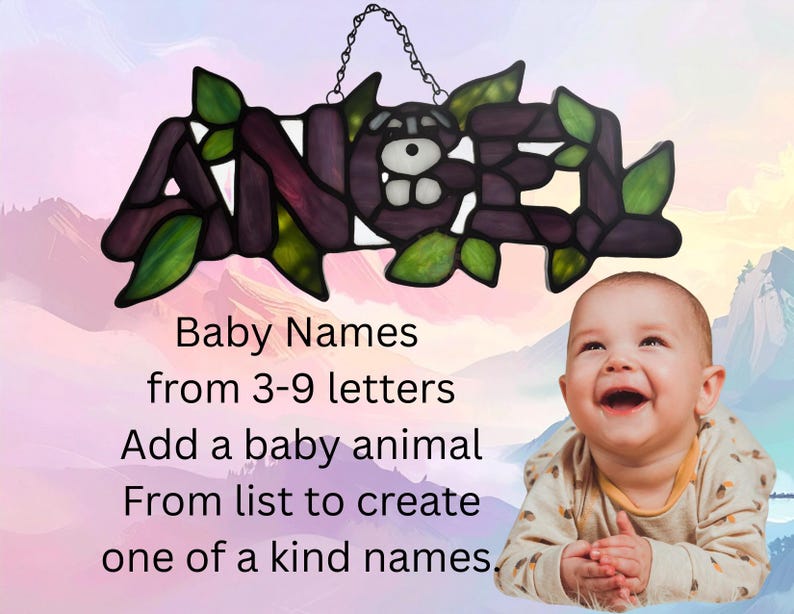 Baby Names from 3-9 letters, add a baby animal from the list to create one of a kind names. Photo shows the name "Angel" with leaves and a puppy.