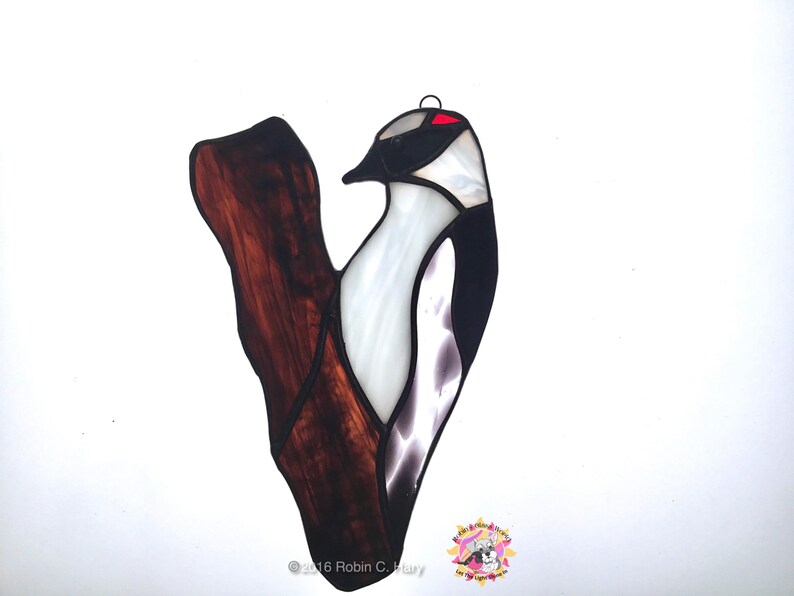 Downy Woodpecker Handmade Stained Glass Suncatcher - Thumbnail 2
