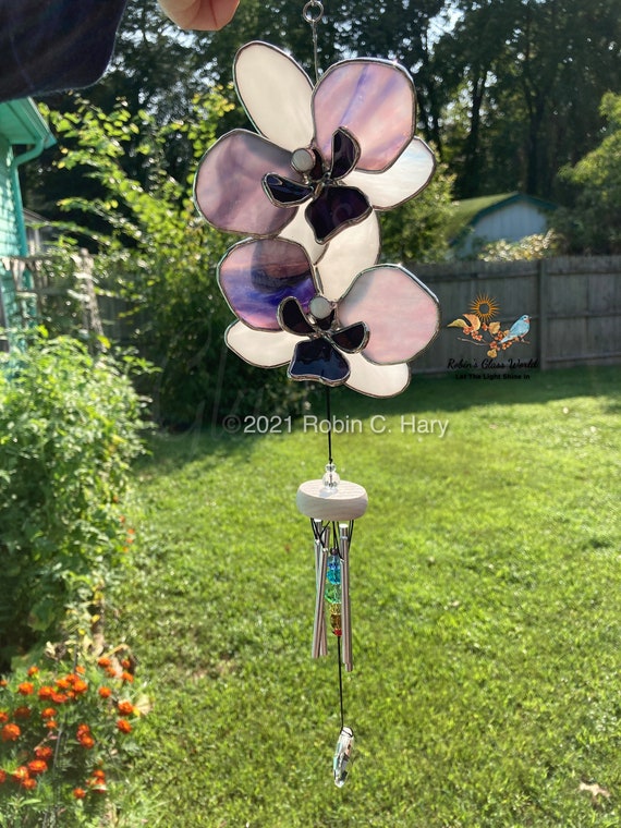 Carillon éolien orchidée 3D en vitrail fait main -  France