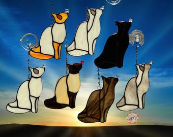 Adorno de vidriera con forma de gato y mariposa de cristal / Decoración para ventana / Regalo para amantes de los gatos