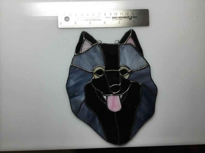 Keeshond Stained Glass Suncatcher Dog Memorial Original and Exclusive Design Handmade Glass Dog
