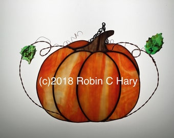 Pumpkin Suncatcher in Stained Glass With Lampwork Leaves