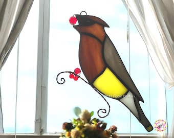 Cedar Waxwing Handmade Stained Glass Suncatcher, Bird Lover Gift, Genuine Art Glass