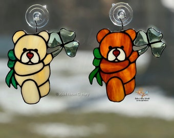 Saint Patrick's Day Bear Handmade Stained Glass Beveled Shamrock  Suncatcher